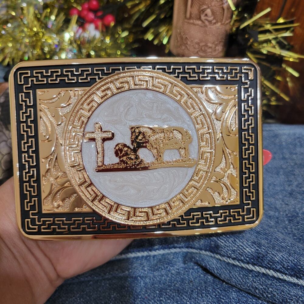 Praying Cowboy Western Belt Buckle Hebilla Rodeo Silver & Rosetone 4x 3.5 Inche